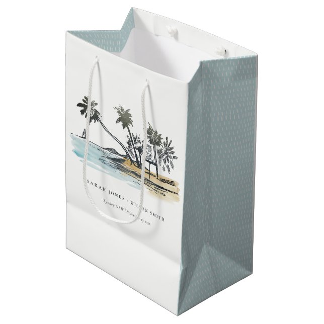 Sac Cadeau Moyen Tropical Beach Palm Tree Sketch Mariage d'aquarell (Devant Angle)