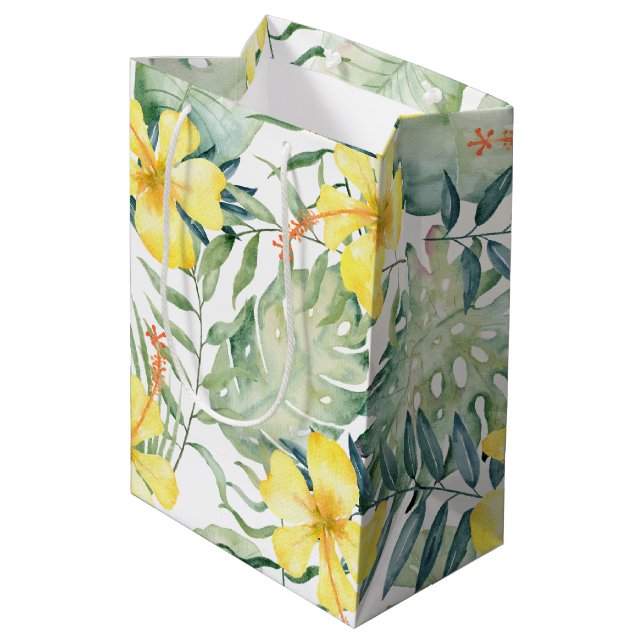 Sac Cadeau Moyen Tropical jaune hibiscus floral douche de mariée (Dos Angle)