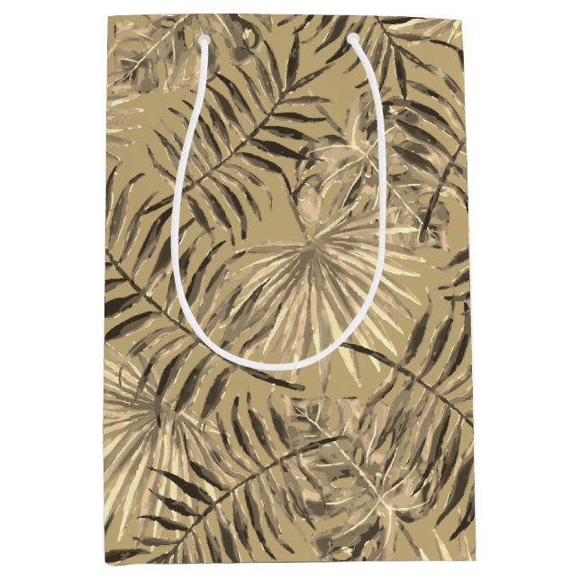 Sac Cadeau Moyen Tropical Palm Tree Feuille Motif Gold (Devant)