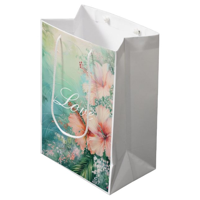 Sac Cadeau Moyen Tropical Pêche Fleur d'Hibiscus Blanc Amour  (Devant Angle)