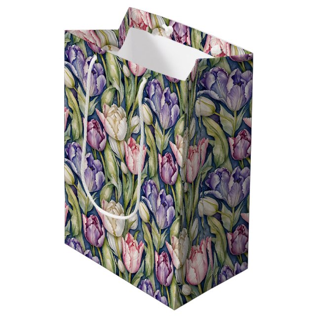Sac Cadeau Moyen Tulipes classiques rose, violet, blanc (Devant Angle)
