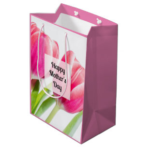Sac Cadeau Moyen Tulipes roses avec Feuilles verts Photo Fête des m