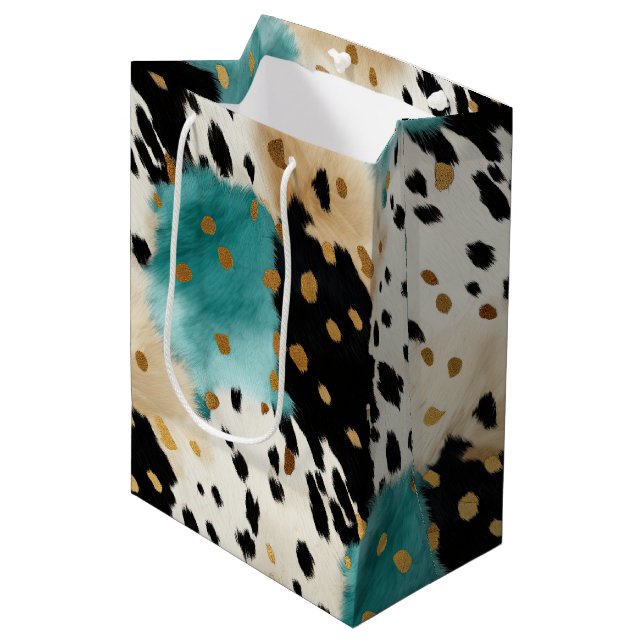 Sac Cadeau Moyen Turquoise Black Cream Gold Western Cowgirl Cowhide (Devant Angle)