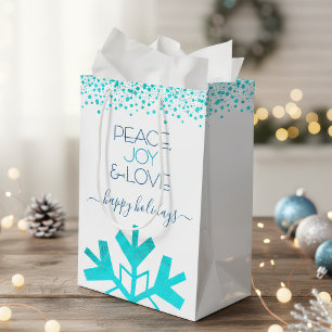 Sac Cadeau Moyen Turquoise Bold Snowflake Paix Joie Amour Typograph