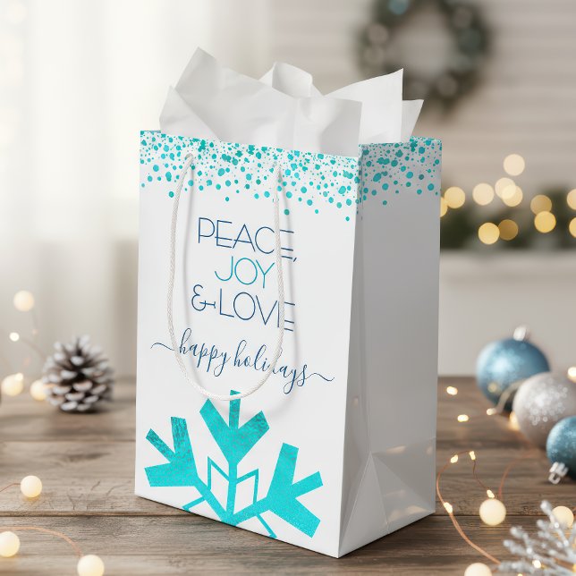 Sac Cadeau Moyen Turquoise Bold Snowflake Paix Joie Amour Typograph (Créateur téléchargé)