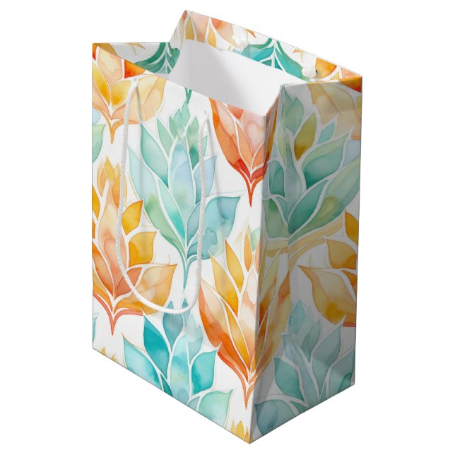Sac Cadeau Moyen Turquoise Mandarine Floral Abstrait (Devant Angle)