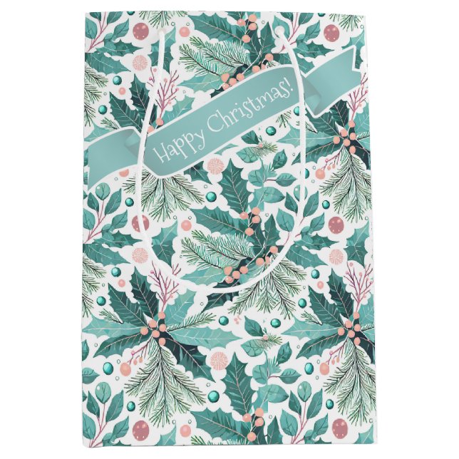 Sac Cadeau Moyen Turquoise Noël Holly Berries Motif#17 ID1009 (Devant)
