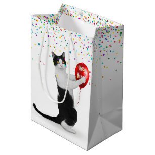 Sac Cadeau Moyen Tuxedo Chat avec Confetti et Ballons d'Anniversair