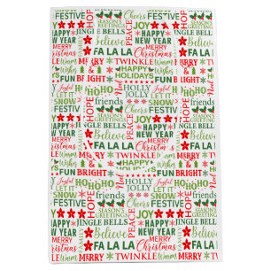 Sac Cadeau Moyen Typographie de Noël rouge et vert sans couture
