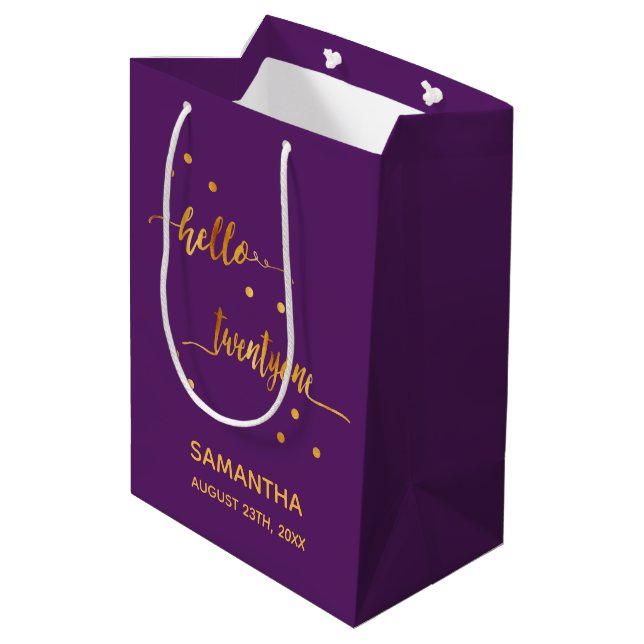 Sac Cadeau Moyen Typographie en or violet 21e anniversaire (Dos Angle)