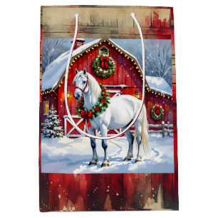 Sac Cadeau Moyen Un Cheval Blanc Festif et une Grange d'hiver Noël