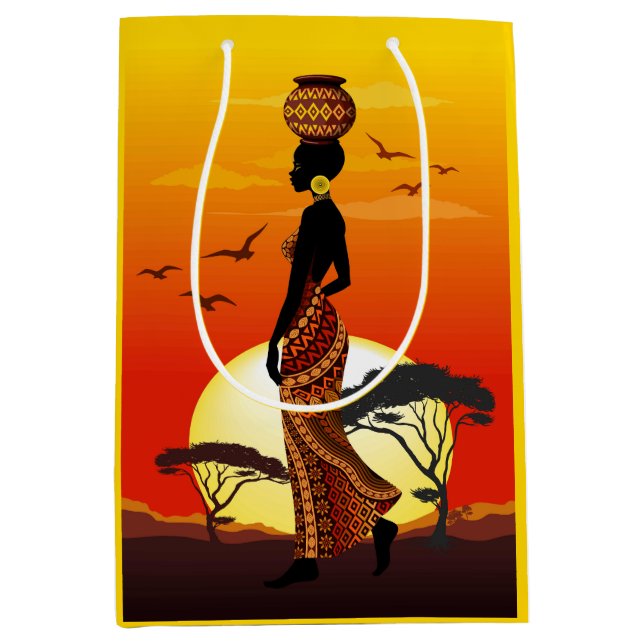 Sac Cadeau Moyen Une belle femme africaine Silhouette sur les solei (Devant)