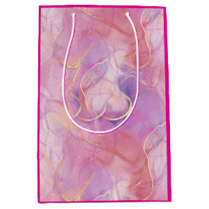 Sac Cadeau Moyen Une finition rose et Marbre blanc avec or brossé