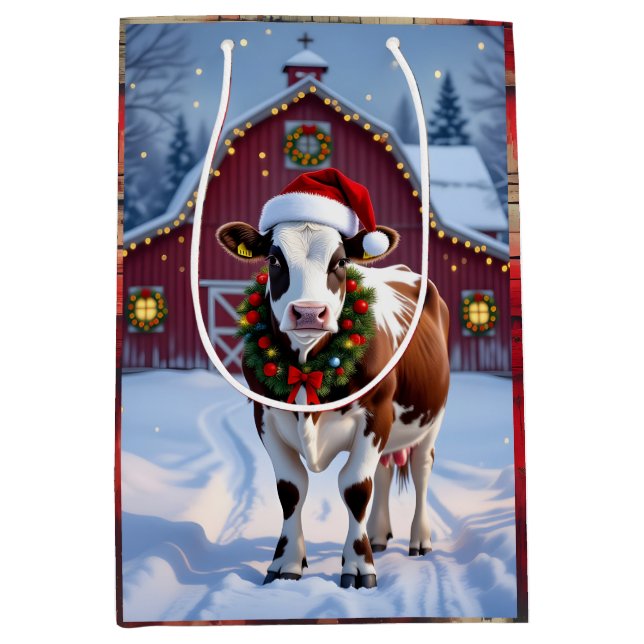 Sac Cadeau Moyen Une vache festive à Santa Hat Pays Noël (Devant)