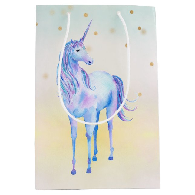 Sac Cadeau Moyen Unicorne Aqua rose Jaune teint or Confetti (Devant)