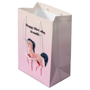 Sac Cadeau Moyen Unicorne nordique rose avec Black Mane Anniversair