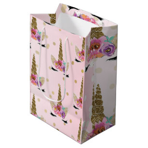 Sac Cadeau Moyen Unicorne rose et or Floral Horn Anniversaire