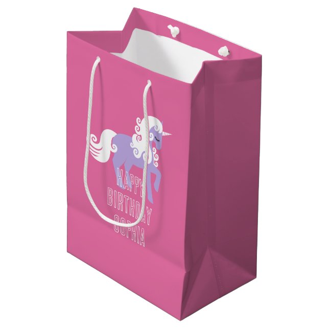 Sac Cadeau Moyen Unicorne rose violet (Devant Angle)