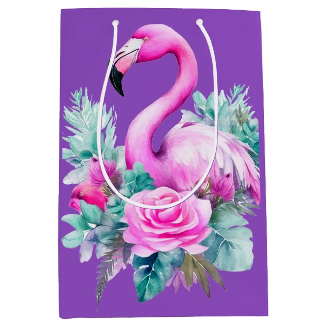 Sac Cadeau Moyen Vacances de Noël Tropical Purple Rose Flamant rose (Devant)
