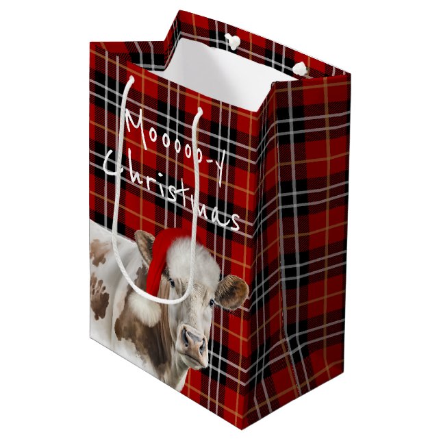 Sac Cadeau Moyen Vache avec Père Noël Casquette sur Tartan Plaid (Devant Angle)