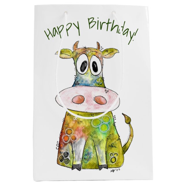 Sac Cadeau Moyen Vache blanche couleur blanc mignon (Devant)