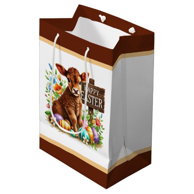 Sac Cadeau Moyen Vache de Pâques mignonne et heureuse (Devant Angle)