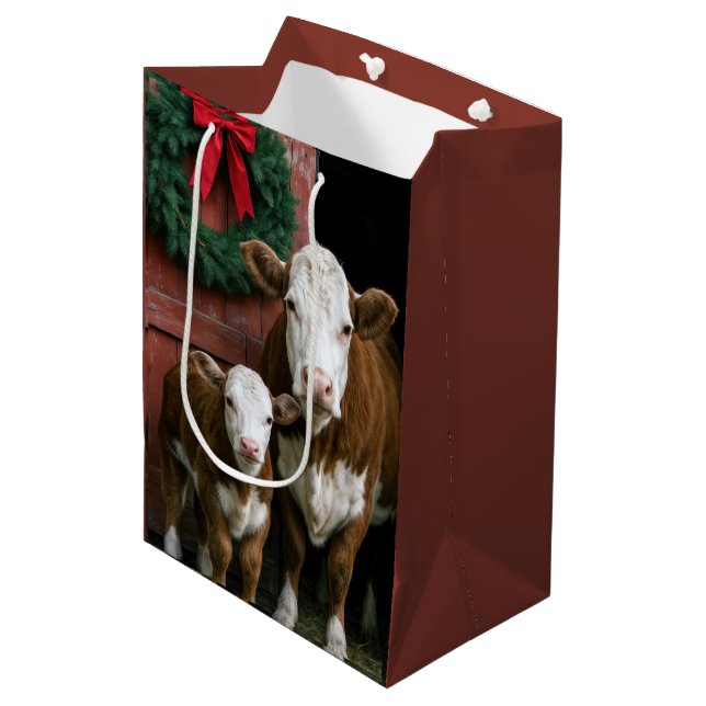 Sac Cadeau Moyen Vache et veau Hereford de Noël (Devant Angle)