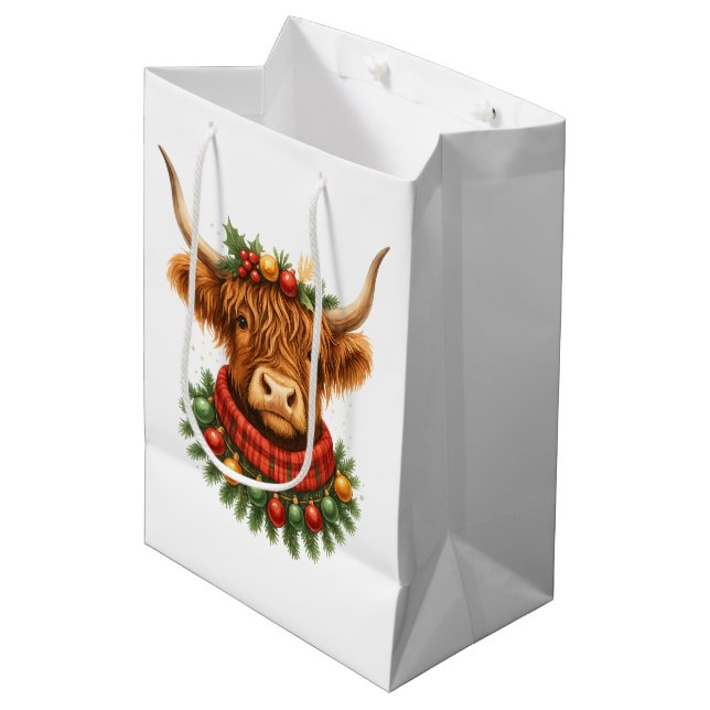 Sac Cadeau Moyen Vache Highland de Noël  (Devant Angle)