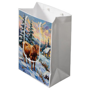 Sac Cadeau Moyen Vache Highland vintage dans une prairie de Noël en