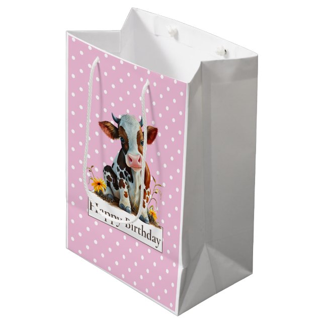 Sac Cadeau Moyen Vache Joyeux anniversaire mignon rose (Devant Angle)