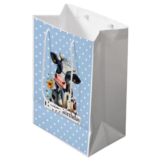 Sac Cadeau Moyen Vache laitière Joyeux Anniversaire bleu (Devant Angle)