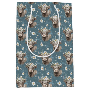 Sac Cadeau Moyen Vaches et fleurs des Highlands