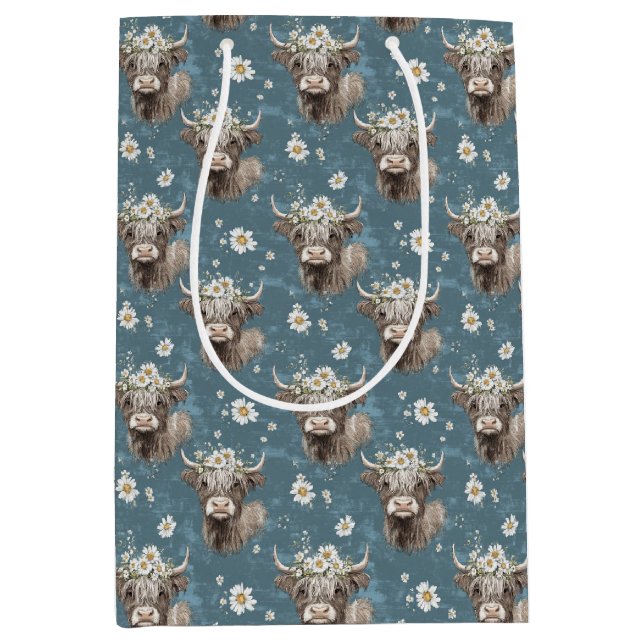 Sac Cadeau Moyen Vaches et fleurs des Highlands (Devant)