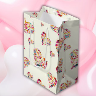 Sac Cadeau Moyen Valentine Ivory Motif de coeur rétros