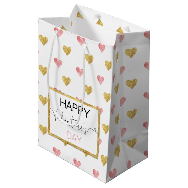 Sac Cadeau Moyen Valentine's Day Gold Coeurs Rose Moyen Cadeau (Devant Angle)