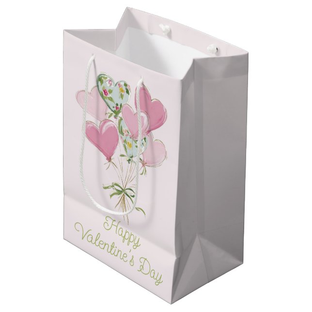 Sac Cadeau Moyen Valentine's Heart Pink and Green Heart Balloons (Devant Angle)
