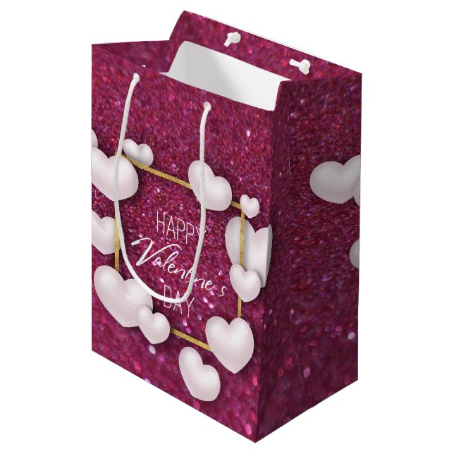 Sac Cadeau Moyen Valentines Jour Coeur Blanc Parties scintillant Mo (Devant Angle)