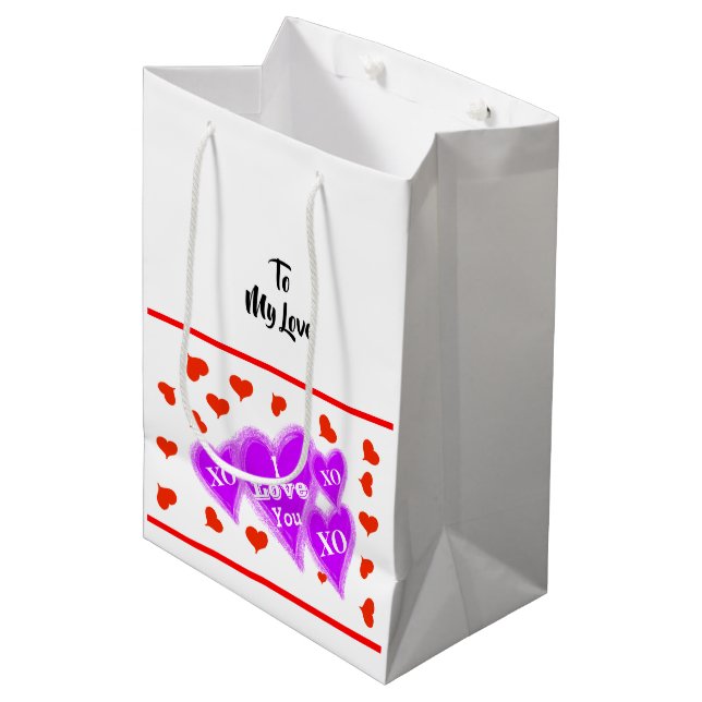 Sac Cadeau Moyen Valentine's Purple Hearts Red Hearts Je t'aime (Devant Angle)