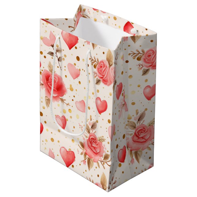 Sac Cadeau Moyen Valentine's Watercolor Roses, Hearts Wine, Small, (Devant Angle)