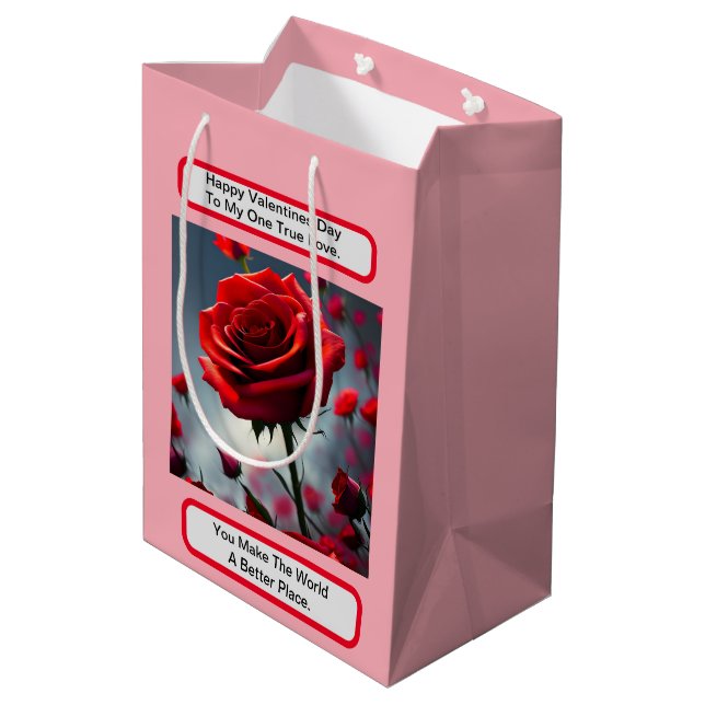 Sac Cadeau Moyen Véritable amour Rose rouge, Saint Valentin (Dos Angle)