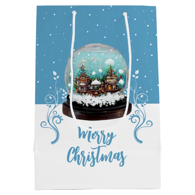 Sac Cadeau Moyen Verre Snowball Village d'hiver Bleu Joyeux Noël (Dos)