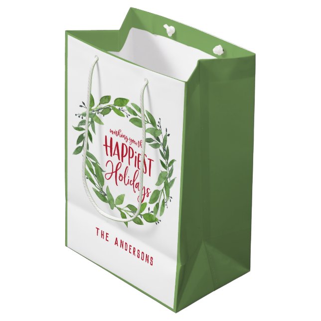 Sac Cadeau Moyen Vert aquarelle couronne vacances les plus heureuse (Devant Angle)