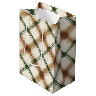 Sac Cadeau Moyen Vert Marron Crème Carreaux Rayures Anniversaire