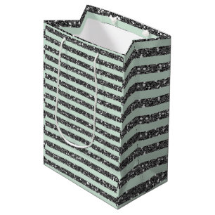 Sac Cadeau Moyen Vert Menthe et Rayures Pailletées Argent Fête