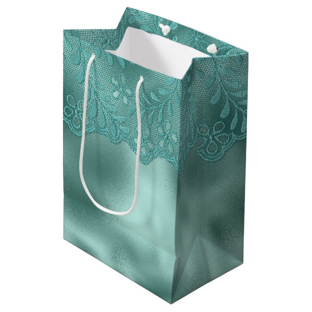 Sac Cadeau Moyen Vert œuf de Robin Lace Robe de Mariée (Devant Angle)
