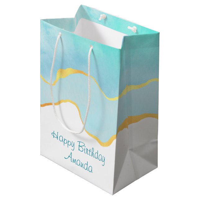 Sac Cadeau Moyen Vert tropical Tranquille avec bordure dorée pour a (Devant Angle)