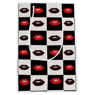 Sac Cadeau Moyen Vibes rétro Lèvres rouges Noir et blanc Checkerboa