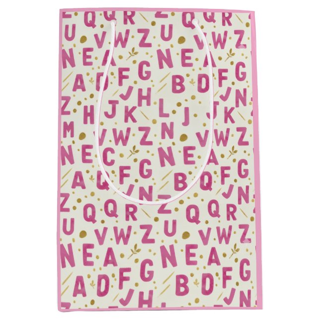 Sac Cadeau Moyen Vibrant Pink Alphabet and Gold Glitter Pattern (Devant)