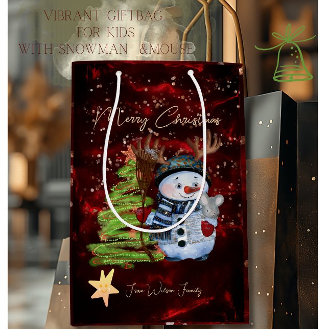 Sac Cadeau Moyen Vibrant Red Gold Snowman Mouse Christmas Gift Bag (Vibrant Red Gold Snowman Mouse Christmas Gift Bag)