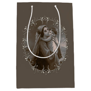 Sac Cadeau Moyen Vierge vintage et enfant avec cadre argenté